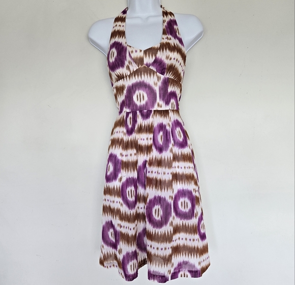 Trina Turk Purple Brown Ikat Print Cotton‎ Halter Dress Size 2 Boho Retro Indie - Picture 1 of 16